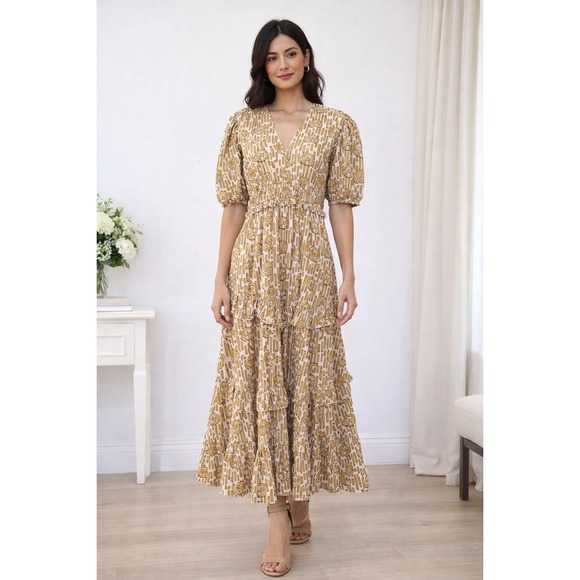 Anna Cate Dresses & Skirts - Anna Cate Mustard Cream Abstract Print Tiered Cotton Maxi Dress Puff Sleeve M